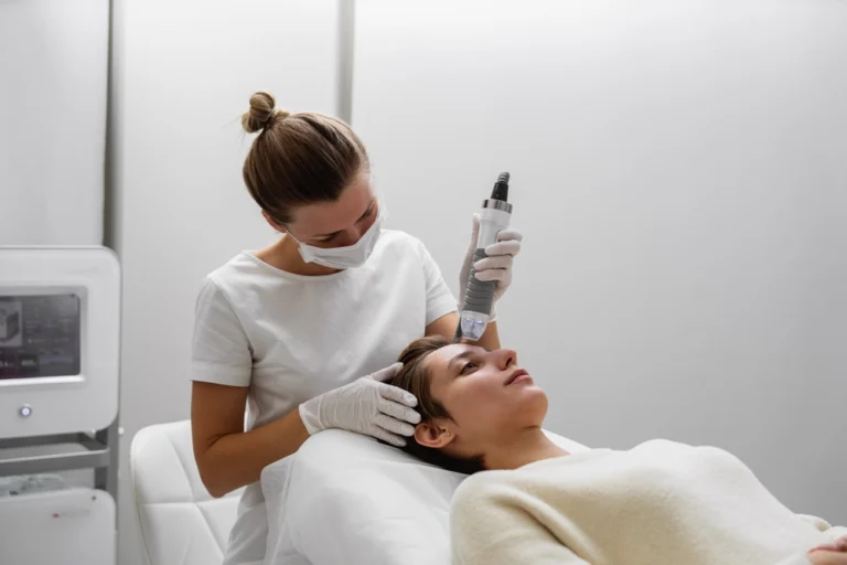 A clinical practitioner performing a radiofrequency (RF) microneedling treatment on a patient’s forehead to improve skin texture and firmness.