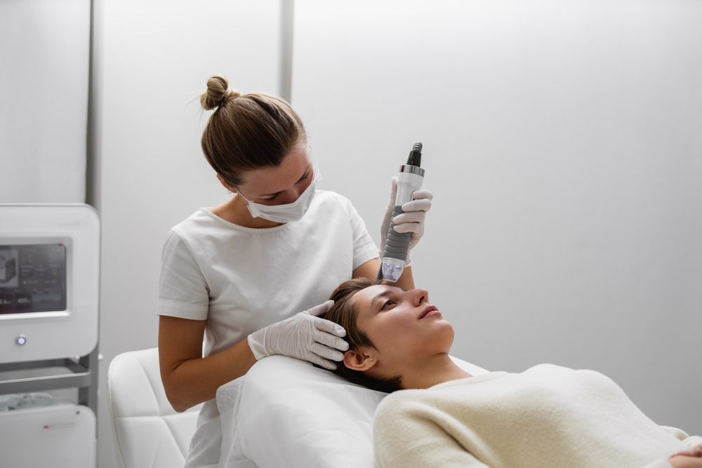 A clinical practitioner performing a radiofrequency (RF) microneedling treatment on a patient’s forehead to improve skin texture and firmness.
