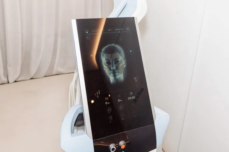 Touchscreen on a medical device showing a digital human face and control icons