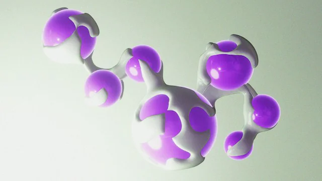 Abstract white molecular model with purple spheres connected by curved bonds, floating on a pale gradient background.